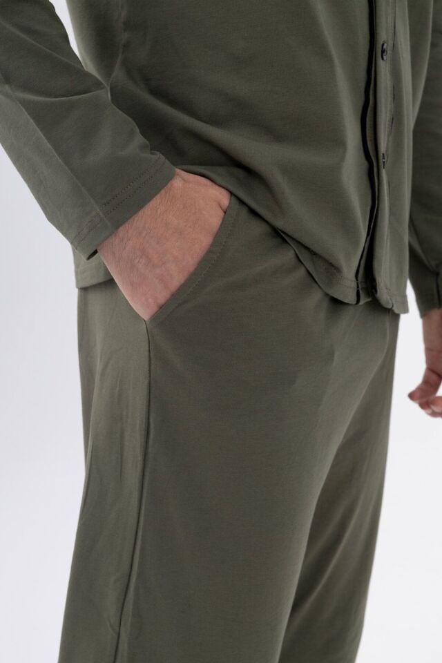 Erkek Pamuklu, Likralı, Düğmeli ve Cep Detaylı Pijama Takımı KO6301PJ-2 - M
