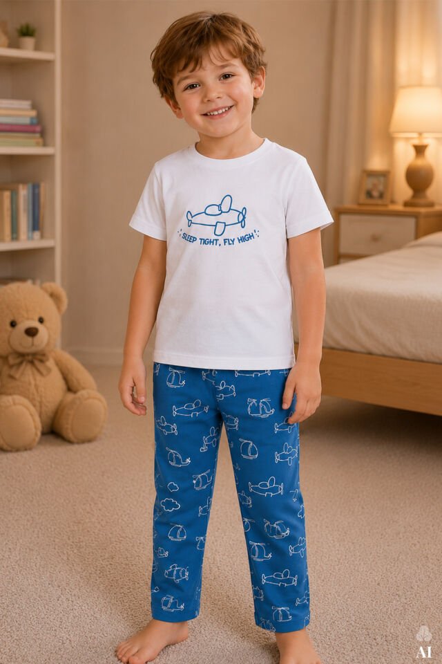 Erkek Çocuk Kısa Kollu Pamuklu Hayvan Desenli Pijama Takımı Mavi - 7-8 Yaş