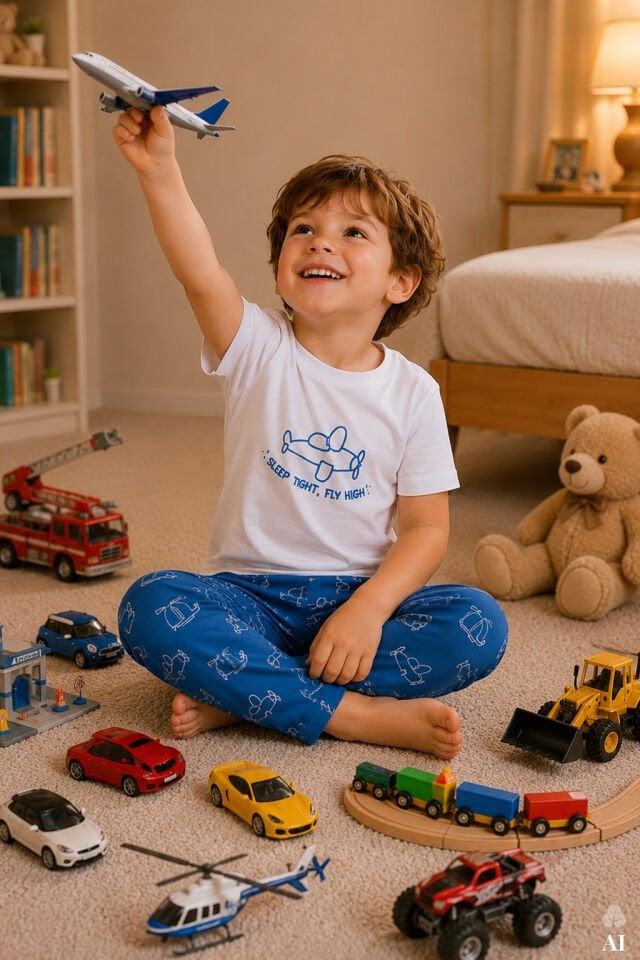 Erkek Çocuk Kısa Kollu Pamuklu Hayvan Desenli Pijama Takımı Mavi - 9-10 Yaş