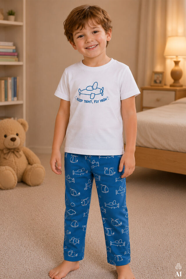 Erkek Çocuk Kısa Kollu Pamuklu Hayvan Desenli Pijama Takımı Mavi - 9-10 Yaş