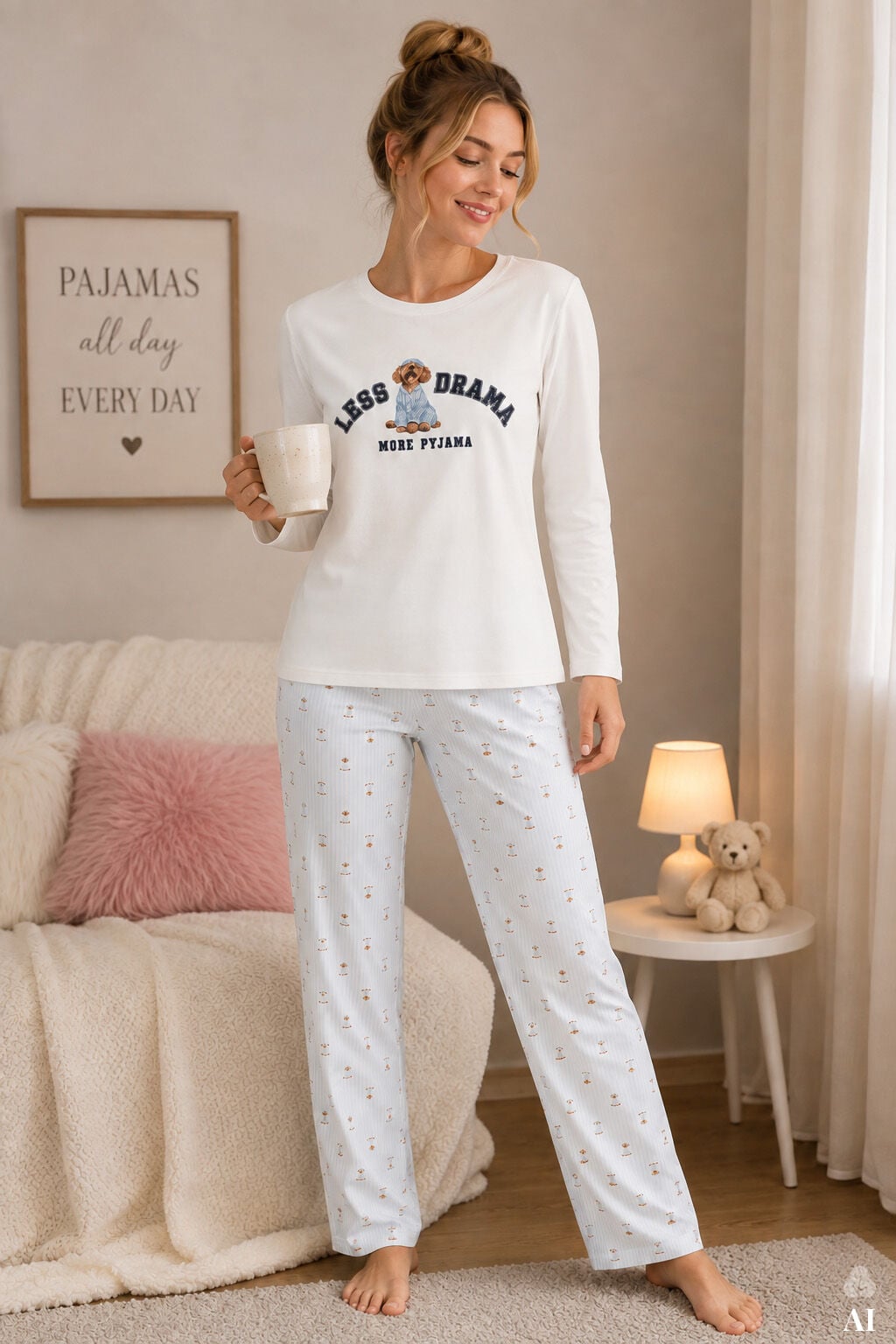 Kadın Pamuklu Uzun Kollu Köpek Baskılı Çizgili Desenli Pijama Takımı Mavi - Beyaz - XL