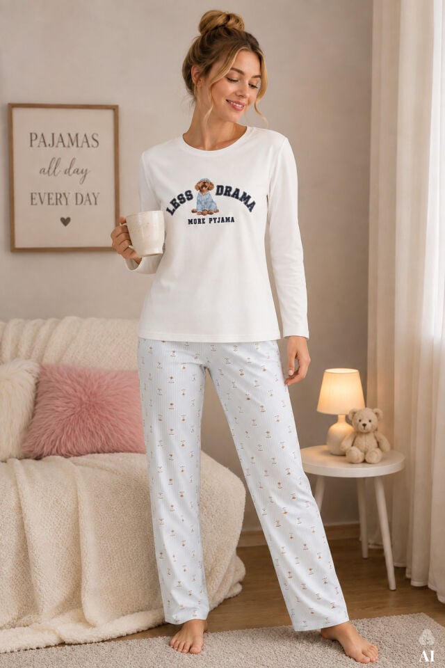 Kadın Pamuklu Uzun Kollu Köpek Baskılı Çizgili Desenli Pijama Takımı Mavi - Beyaz - XL