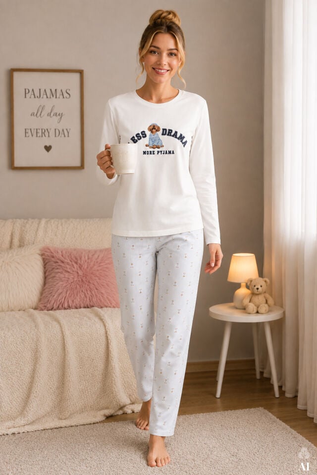 Kadın Pamuklu Uzun Kollu Köpek Baskılı Çizgili Desenli Pijama Takımı Mavi - Beyaz - XL