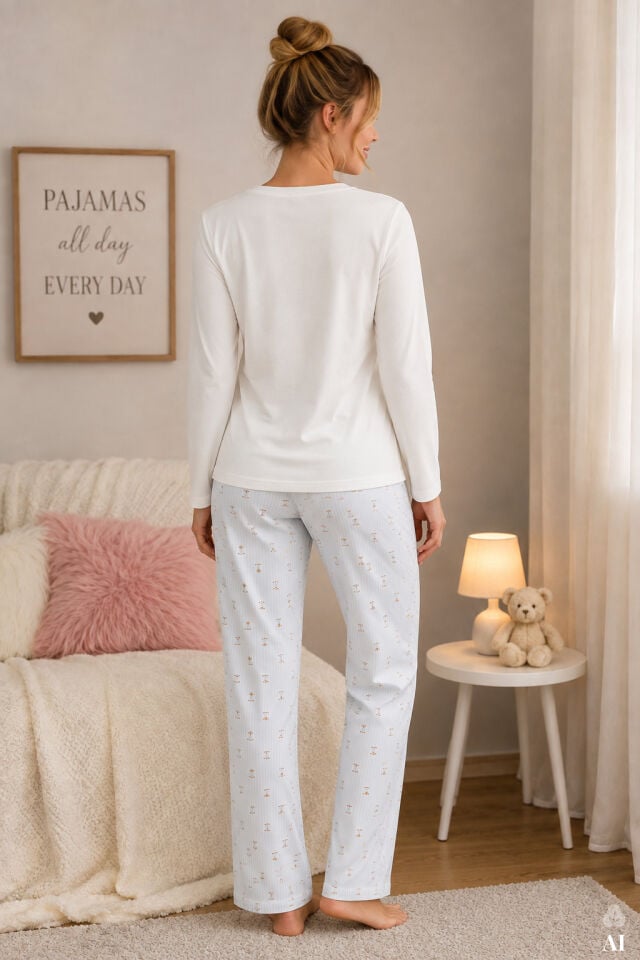 Kadın Pamuklu Uzun Kollu Köpek Baskılı Çizgili Desenli Pijama Takımı Mavi - Beyaz - XL