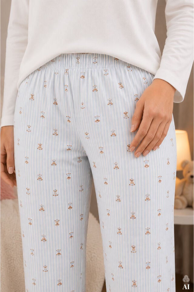 Kadın Pamuklu Uzun Kollu Köpek Baskılı Çizgili Desenli Pijama Takımı Mavi - Beyaz - XL