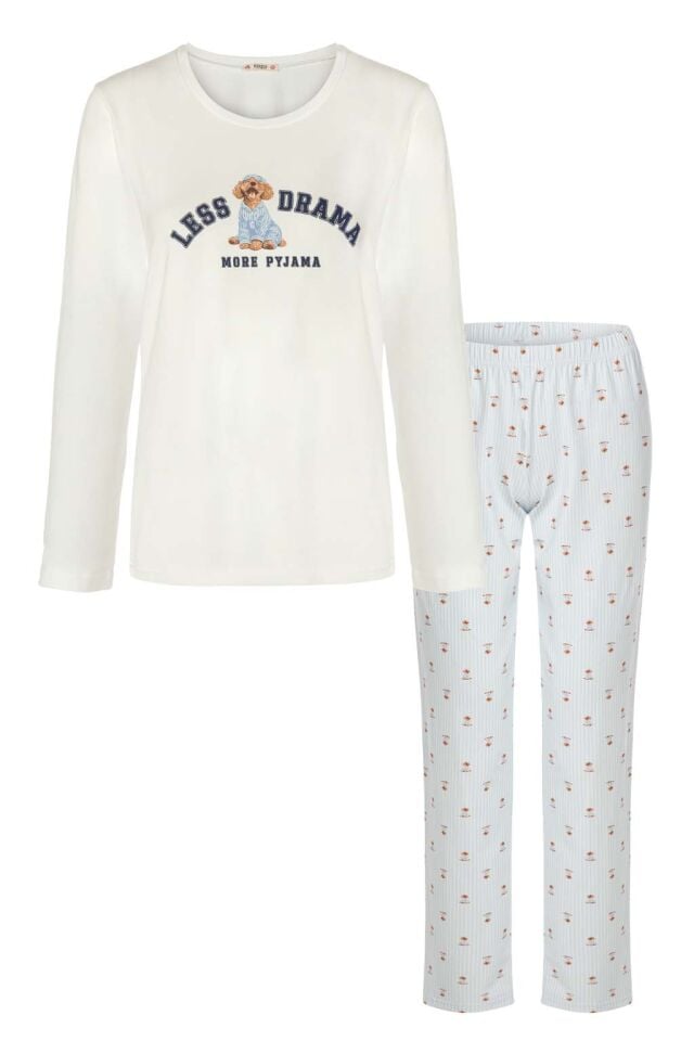 Kadın Pamuklu Uzun Kollu Köpek Baskılı Çizgili Desenli Pijama Takımı Mavi - Beyaz - XL