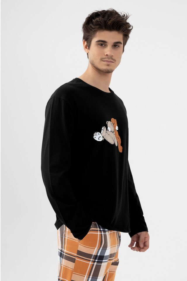 Erkek Pamuklu Uzun Kollu Ayıcık Baskılı Alt Ekose Cep Detaylı Pijama Takımı Siyah - Kahverengi - XL