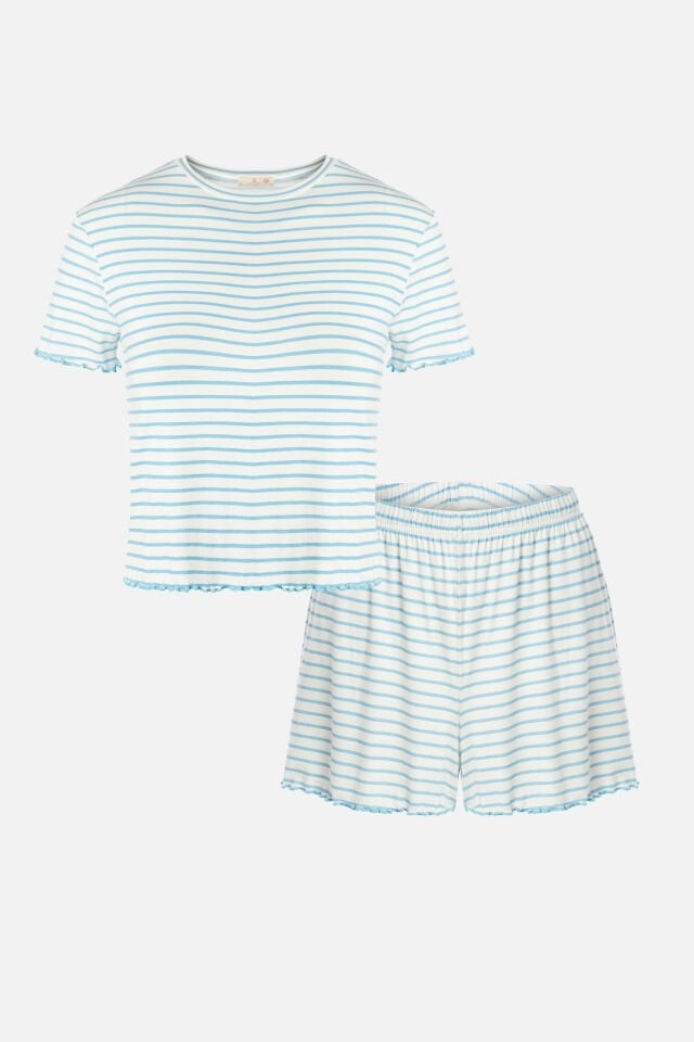 Kadın Baby Ovelok Detaylı Şortlu Pijama Takımı M - Mavi - Beyaz