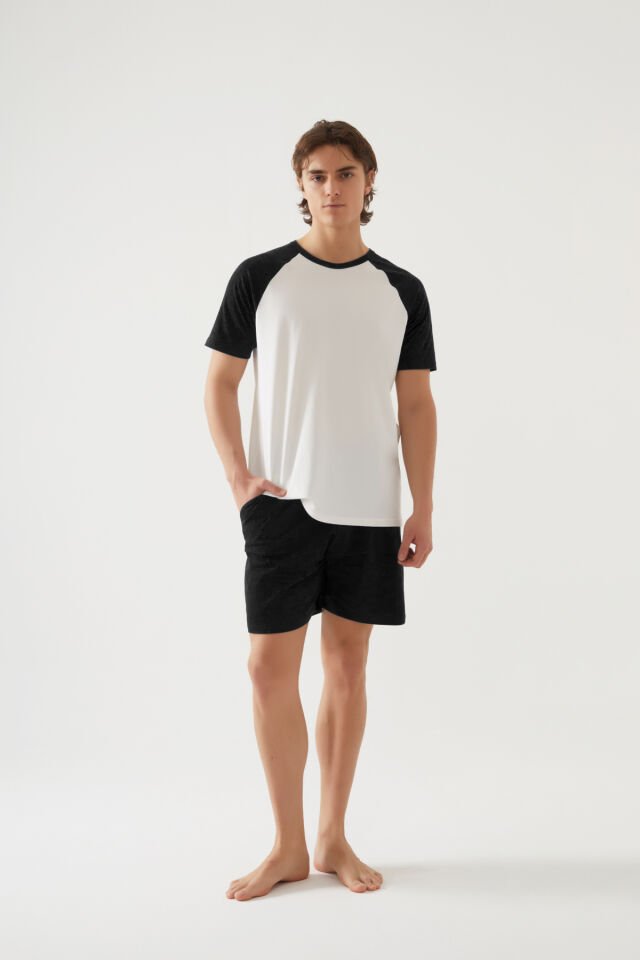 Erkek Pamuklu Cep Detaylı Reglan Kol Pijama Takımı Siyah - Beyaz - 2XL
