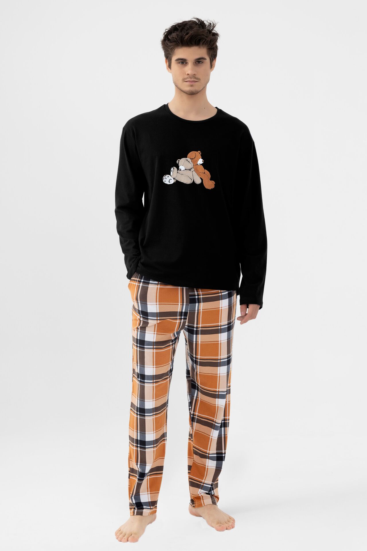 Erkek Pamuklu Uzun Kollu Ayıcık Baskılı Alt Ekose Cep Detaylı Pijama Takımı Siyah - Kahverengi - 2XL