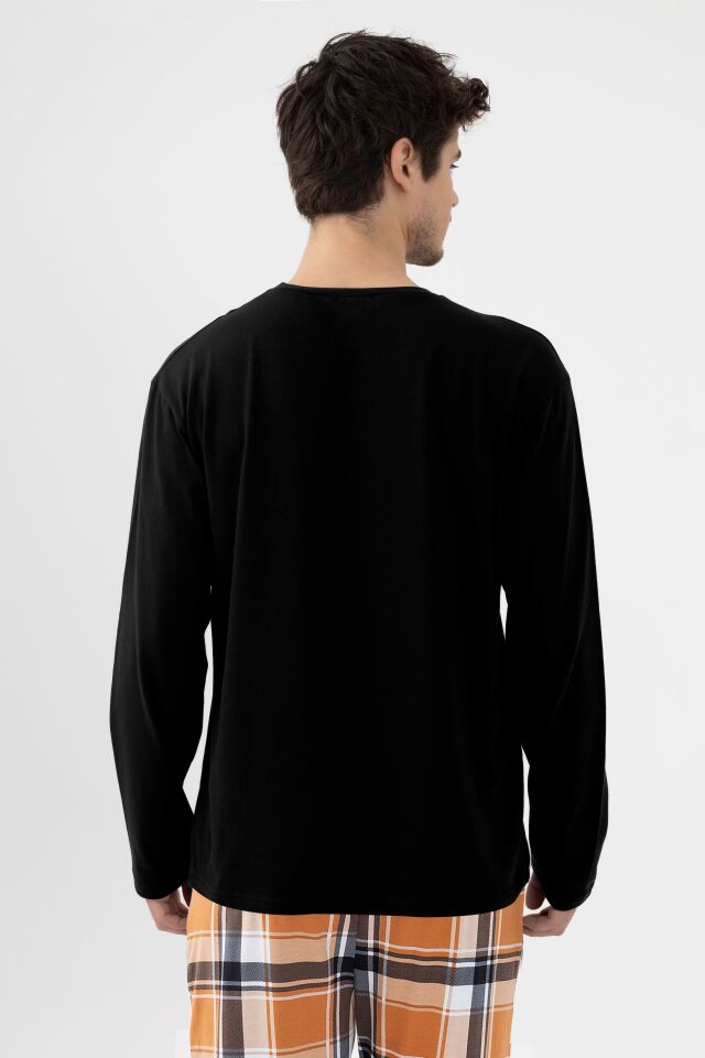 Erkek Pamuklu Uzun Kollu Ayıcık Baskılı Alt Ekose Cep Detaylı Pijama Takımı Siyah - Kahverengi - 2XL