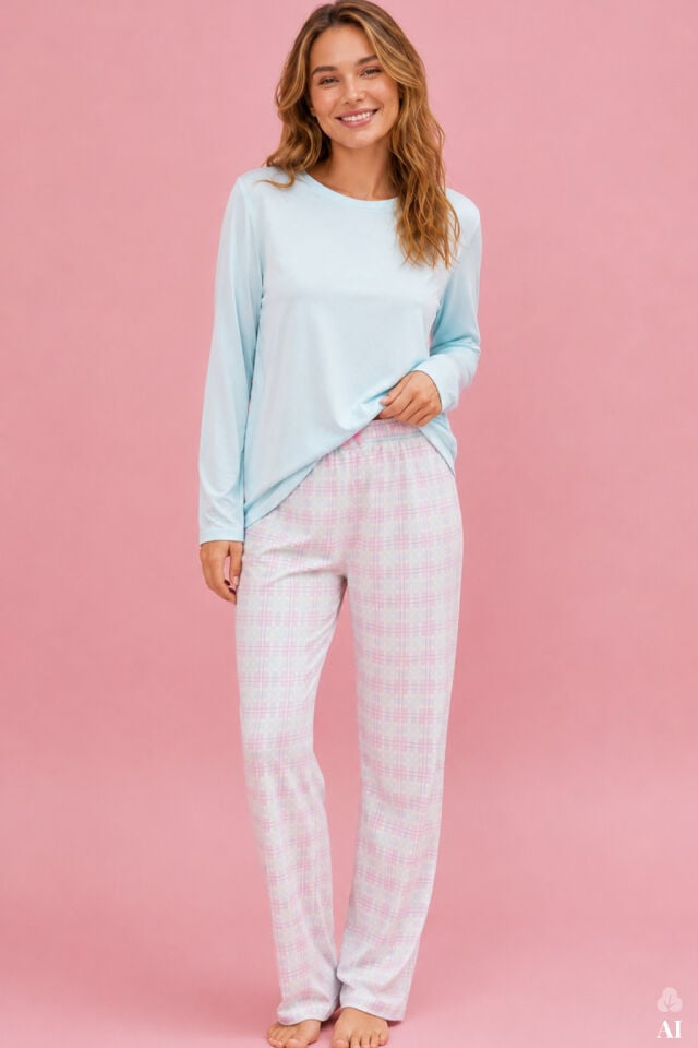 Kadın Pamuklu Uzun Kollu Ekose Desenli Etiket Detaylı Rahat Pijama Takımı Mavi - Pembe - XL