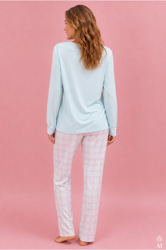 Kadın Pamuklu Uzun Kollu Ekose Desenli Etiket Detaylı Rahat Pijama Takımı Mavi - Pembe - XL