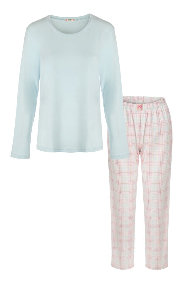 Kadın Pamuklu Uzun Kollu Ekose Desenli Etiket Detaylı Rahat Pijama Takımı Mavi - Pembe - XL