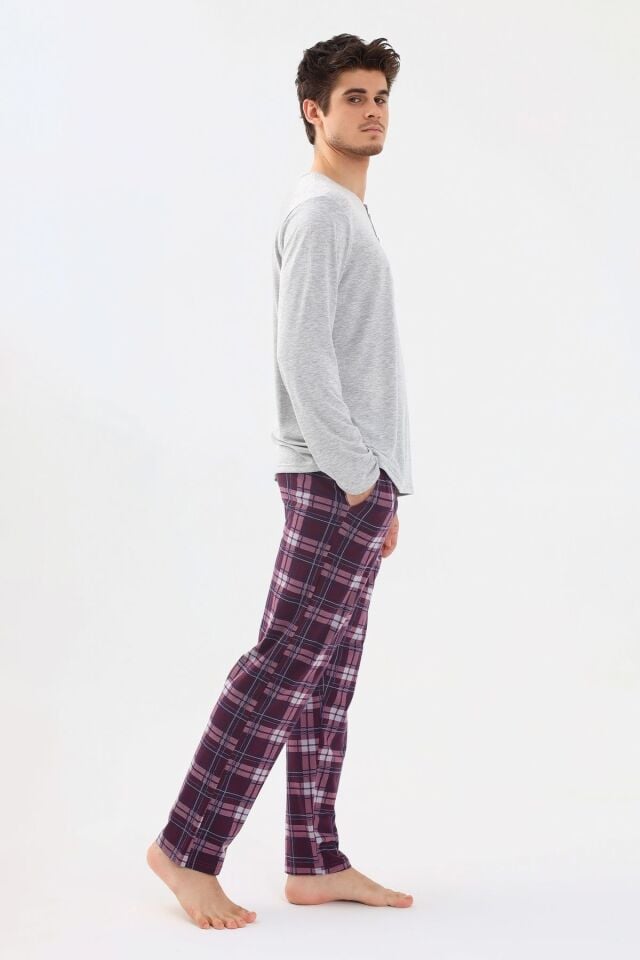 Erkek Pamuklu Uzun Kollu Önü Patlı Ekose Desenli Pijama Takımı KO60105 Mor Ekose Desen - M