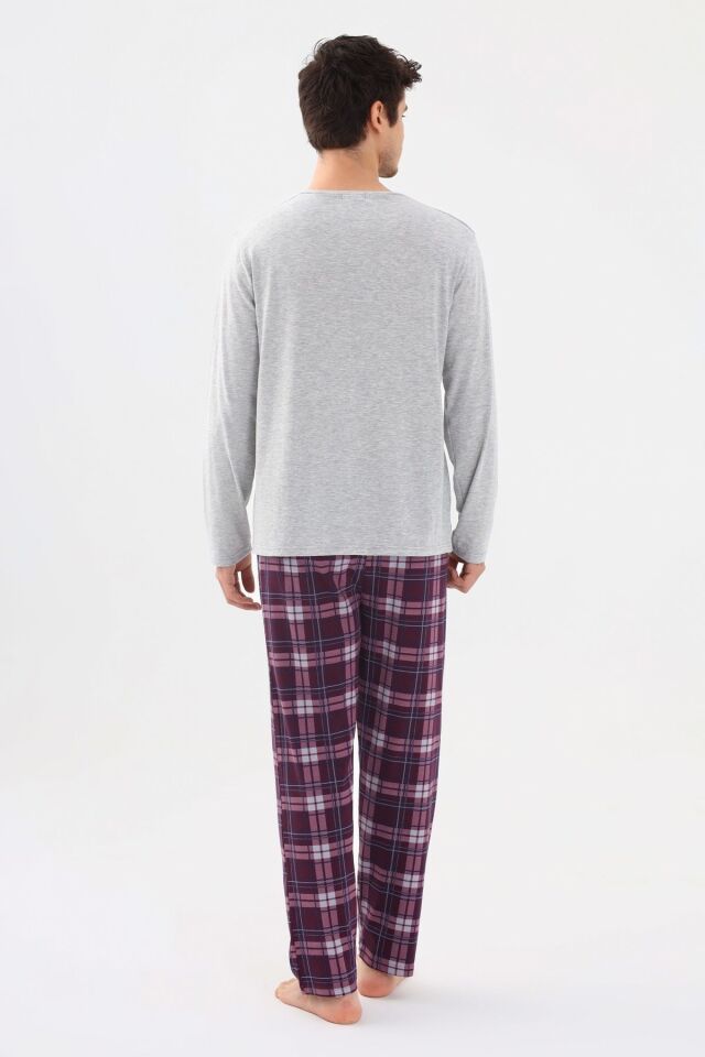 Erkek Pamuklu Uzun Kollu Önü Patlı Ekose Desenli Pijama Takımı KO60105 Mor Ekose Desen - M