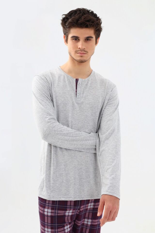 Erkek Pamuklu Uzun Kollu Önü Patlı Ekose Desenli Pijama Takımı KO60105 Mor Ekose Desen - M