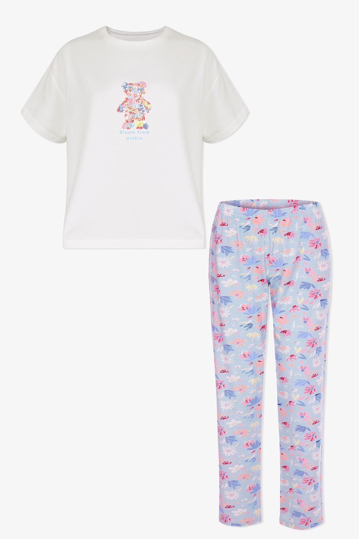 Kadın Pamuklu Mavi Çiçekli Ayıcıklı Baskılı Pijama Takımı KO70125 Mavi Çiçekli - L