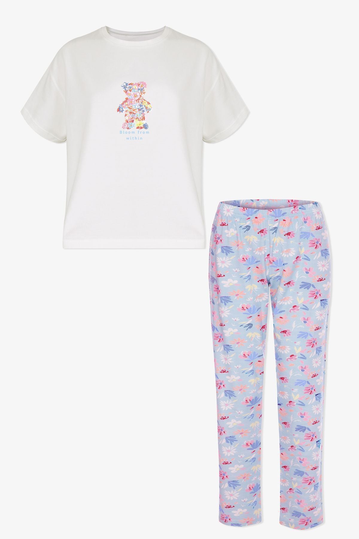 Kadın Pamuklu Mavi Çiçekli Ayıcıklı Baskılı Pijama Takımı KO70125 Mavi Çiçekli - L