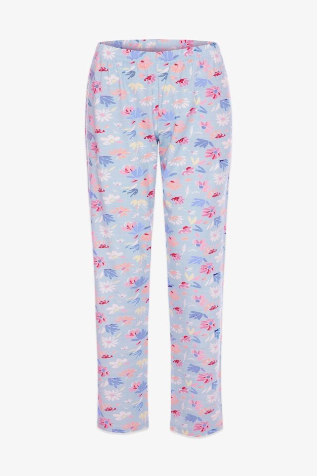 Kadın Pamuklu Mavi Çiçekli Ayıcıklı Baskılı Pijama Takımı KO70125 Mavi Çiçekli - L