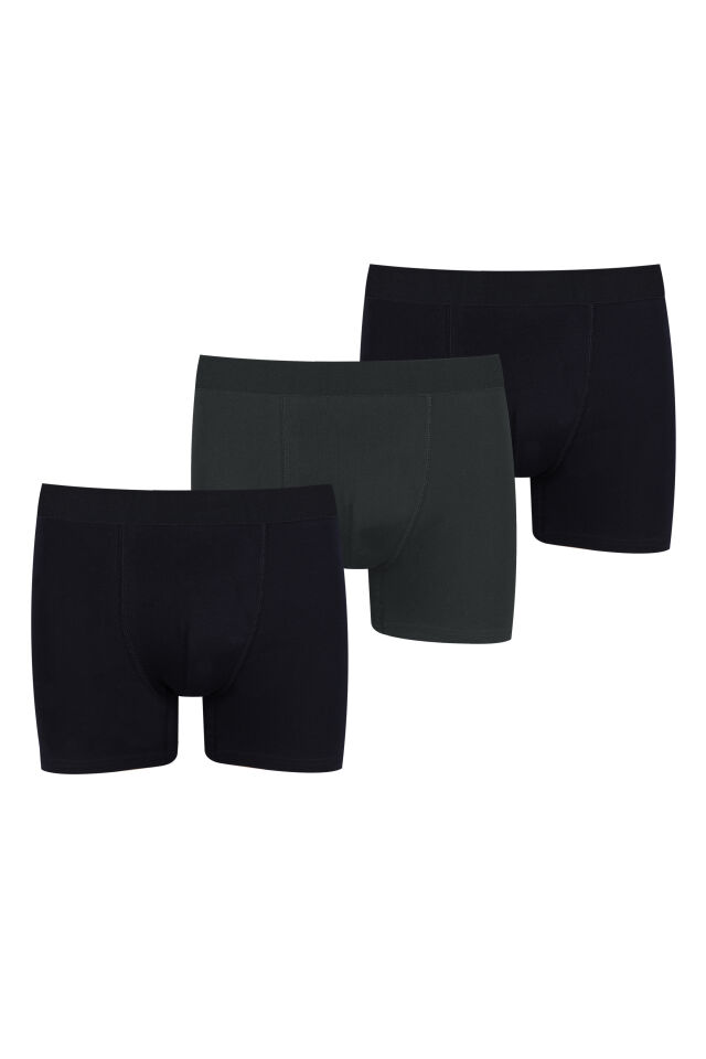 Erkek 3'lü Pamuklu Likralı Boxer Siyah - Füme - L
