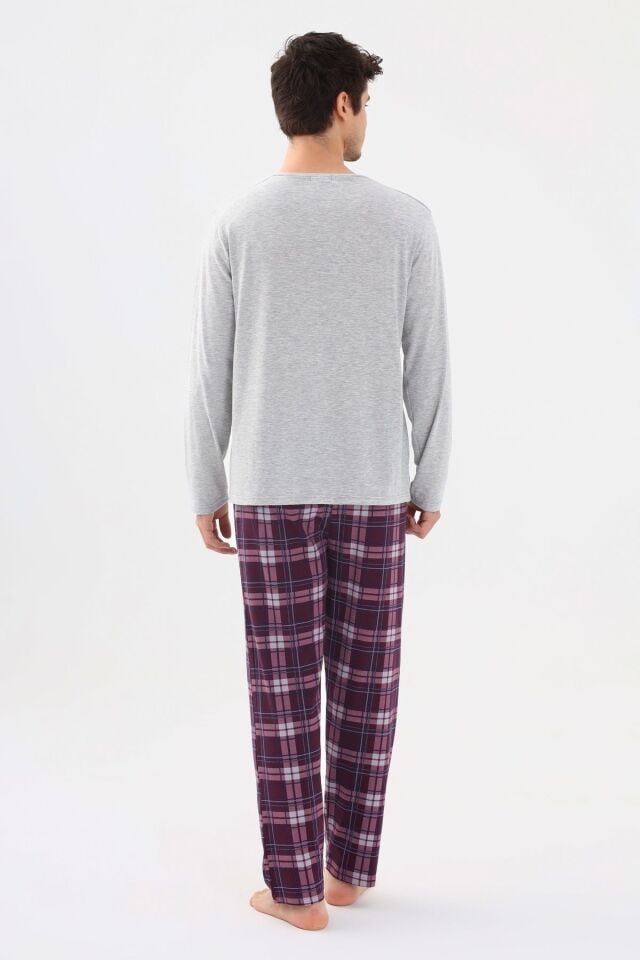 Erkek Pamuklu Uzun Kollu Önü Patlı Ekose Desenli Pijama Takımı KO60105 Mor Ekose Desen - XL