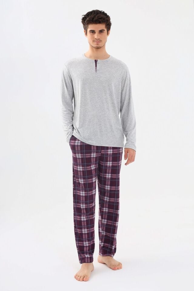 Erkek Pamuklu Uzun Kollu Önü Patlı Ekose Desenli Pijama Takımı KO60105 Mor Ekose Desen - 2XL