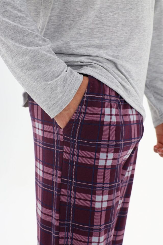 Erkek Pamuklu Uzun Kollu Önü Patlı Ekose Desenli Pijama Takımı KO60105 Mor Ekose Desen - 2XL