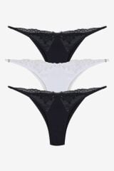 Kadın 3'lü Pamuklu Dantel Detaylı Tanga bordo-glkurus-petrol - M