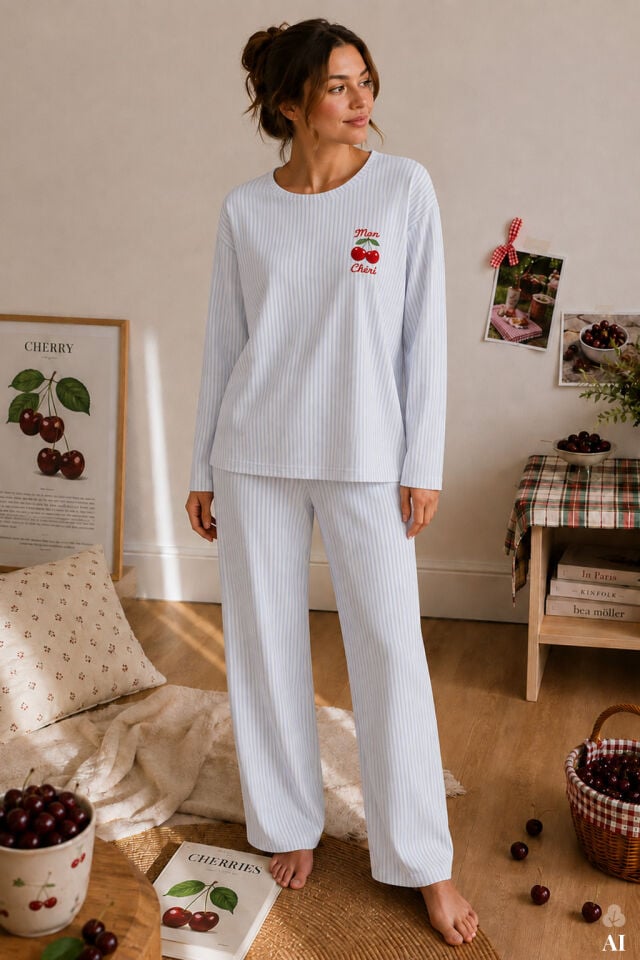 Kadın Pamuklu Uzun Kollu Kiraz Baskılı Çizgili Pijama Takımı Mavi - Beyaz - XL