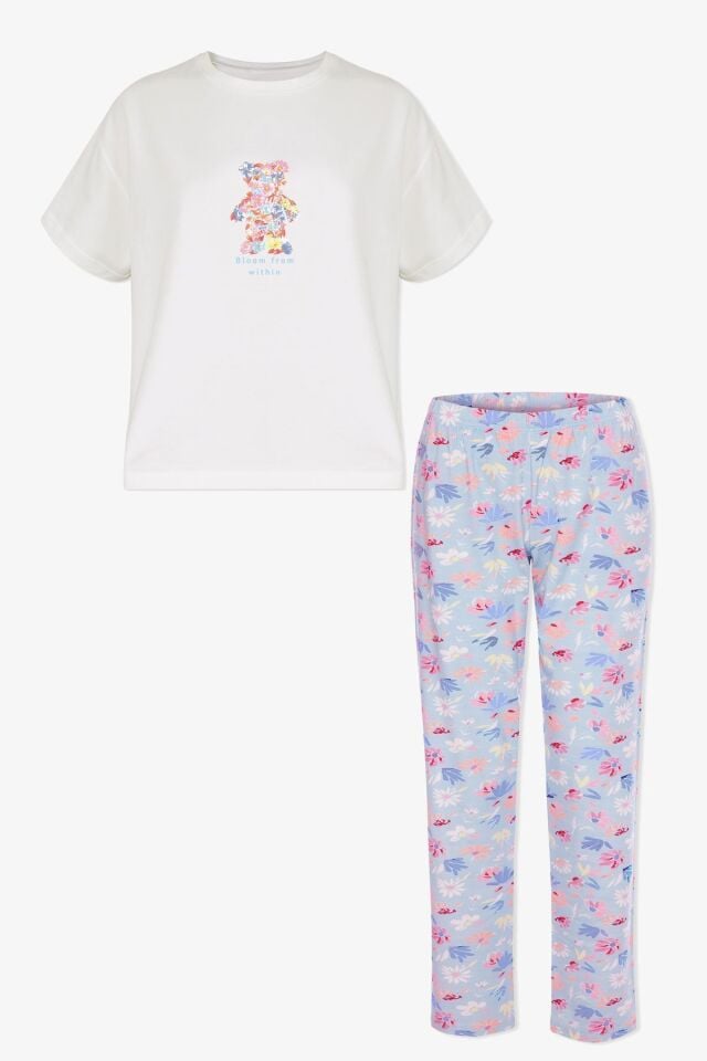 Kadın Pamuklu Mavi Çiçekli Ayıcıklı Baskılı Pijama Takımı KO70125 Mavi Çiçekli - M