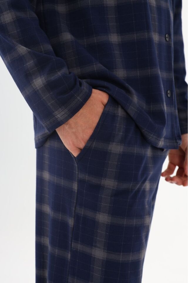 Erkek Pamuklu Mavi Ekose Desenli Uzun Kollu Cep Detaylı Gömlek Yaka Pijama Takımı