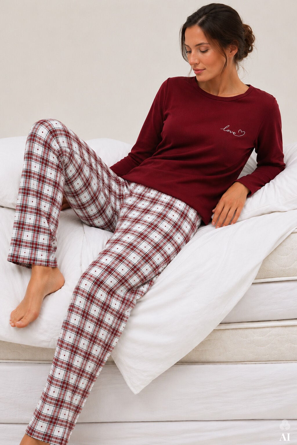 Kadın Pamuklu Bordo Uzun Kollu Love Baskılı Ekose Desenli Pijama Takımı Bordo - Ekru - XL