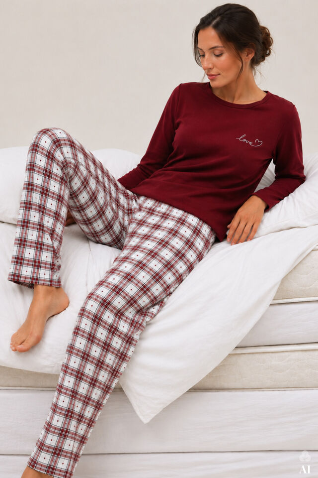 Kadın Pamuklu Bordo Uzun Kollu Love Baskılı Ekose Desenli Pijama Takımı Bordo - Ekru - XL
