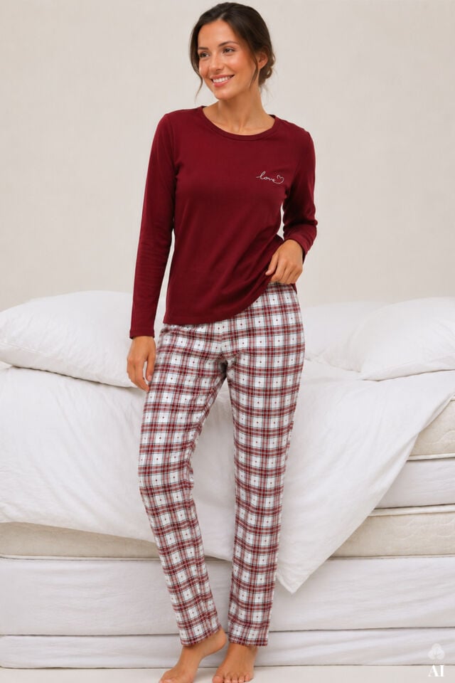 Kadın Pamuklu Bordo Uzun Kollu Love Baskılı Ekose Desenli Pijama Takımı Bordo - Ekru - XL