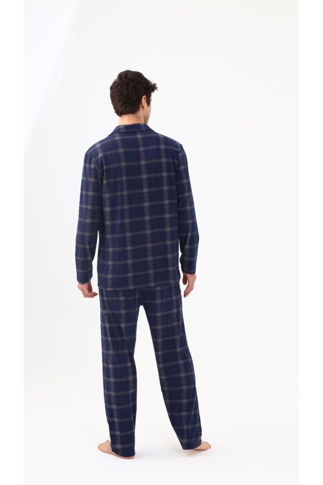Erkek Pamuklu Mavi Ekose Desenli Uzun Kollu Cep Detaylı Gömlek Yaka Pijama Takımı Mavi Ekose - XL