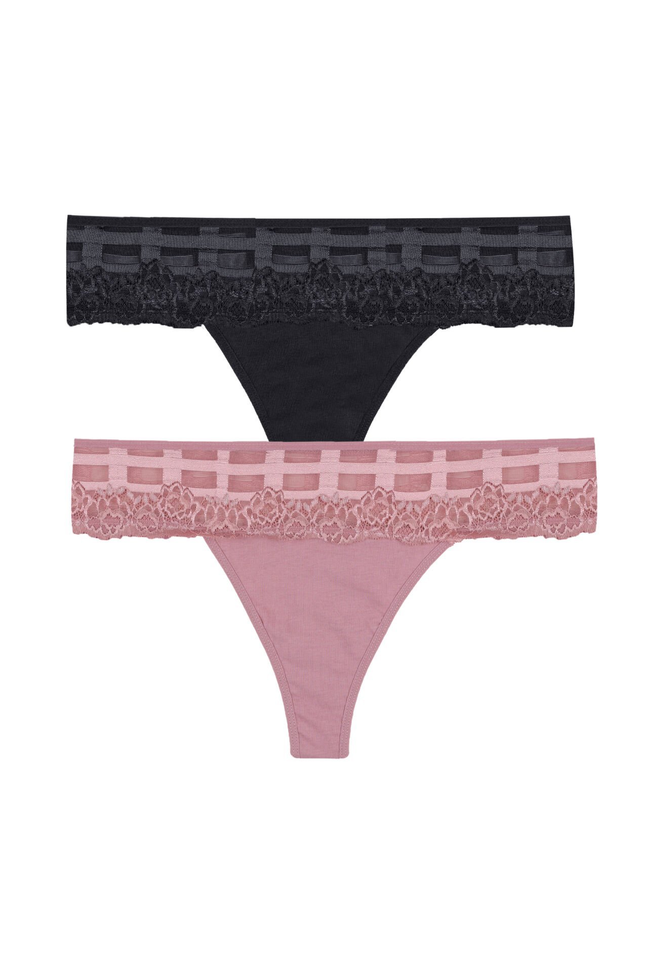 Kadın Pamuklu Dantel Detaylı Tanga S  - M - Siyah - Yavruağzı