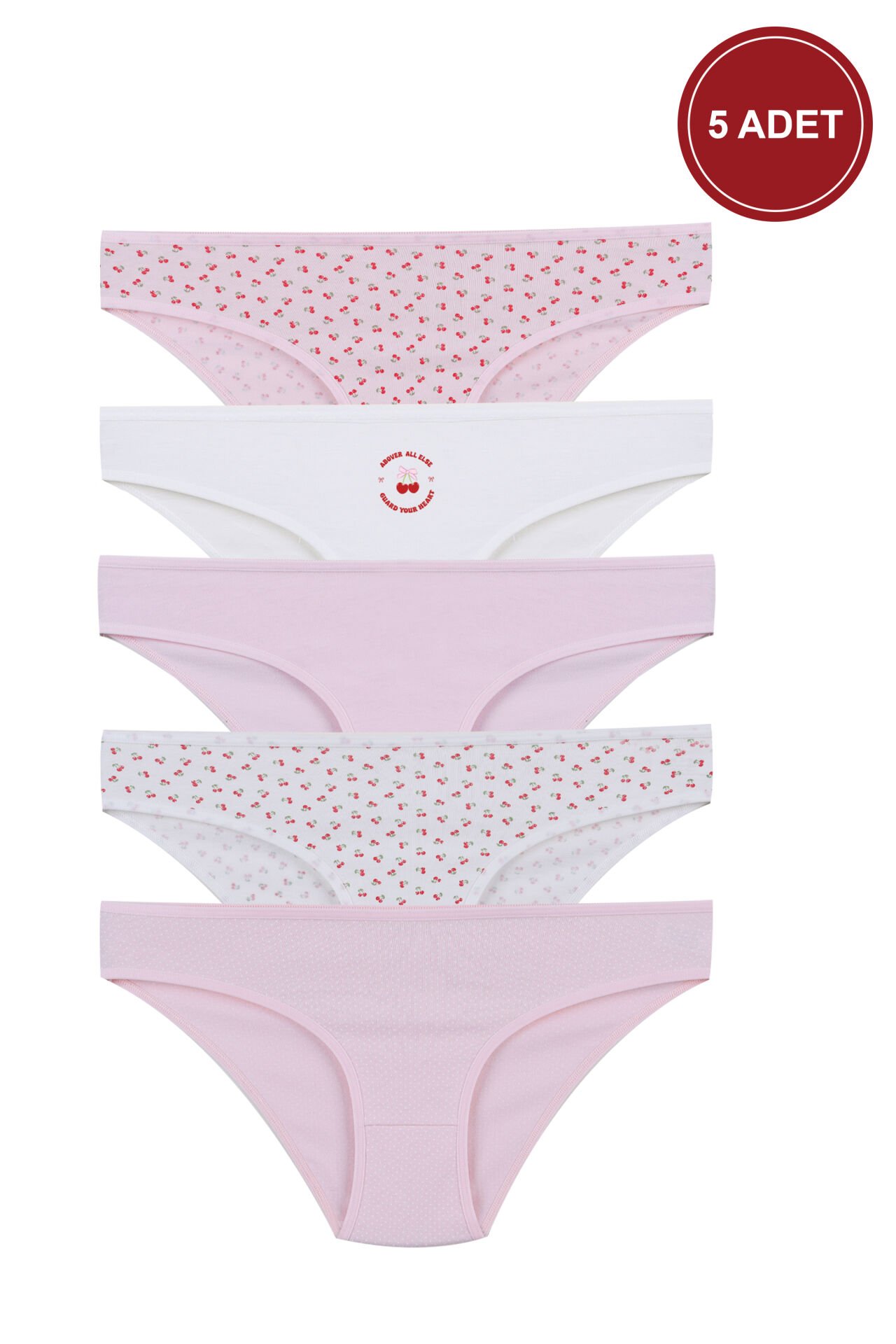 Kadın 5'li Desenli Pamuklu Likralı Külot Pembe - Ekru - S/M