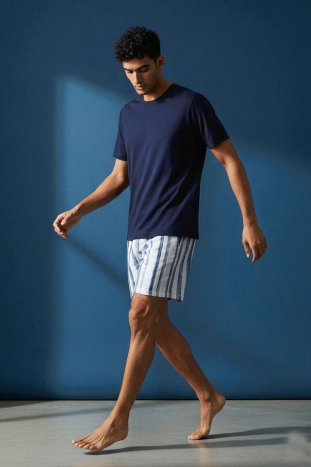 Erkek Pamuklu Kısa Kollu Çizgili Cepli Şortlu Pijama Takımı Lacivert - Ekru - M