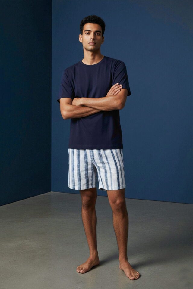 Erkek Pamuklu Kısa Kollu Çizgili Cepli Şortlu Pijama Takımı Lacivert - Ekru - M