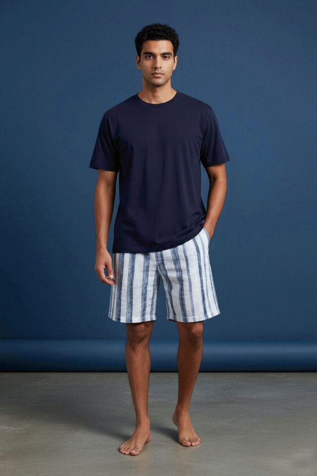 Erkek Pamuklu Kısa Kollu Çizgili Cepli Şortlu Pijama Takımı Lacivert - Ekru - M
