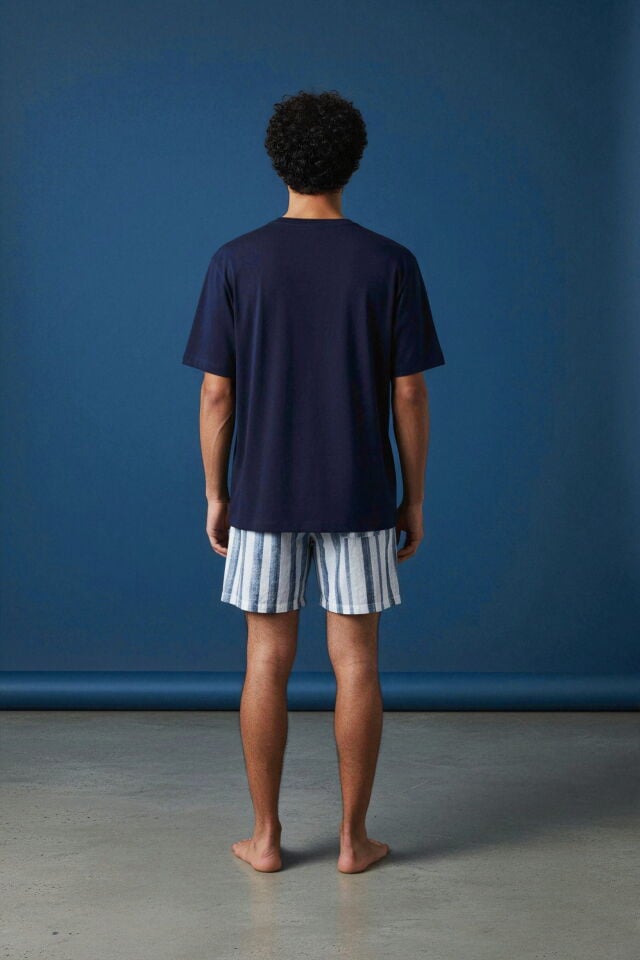 Erkek Pamuklu Kısa Kollu Çizgili Cepli Şortlu Pijama Takımı Lacivert - Ekru - M