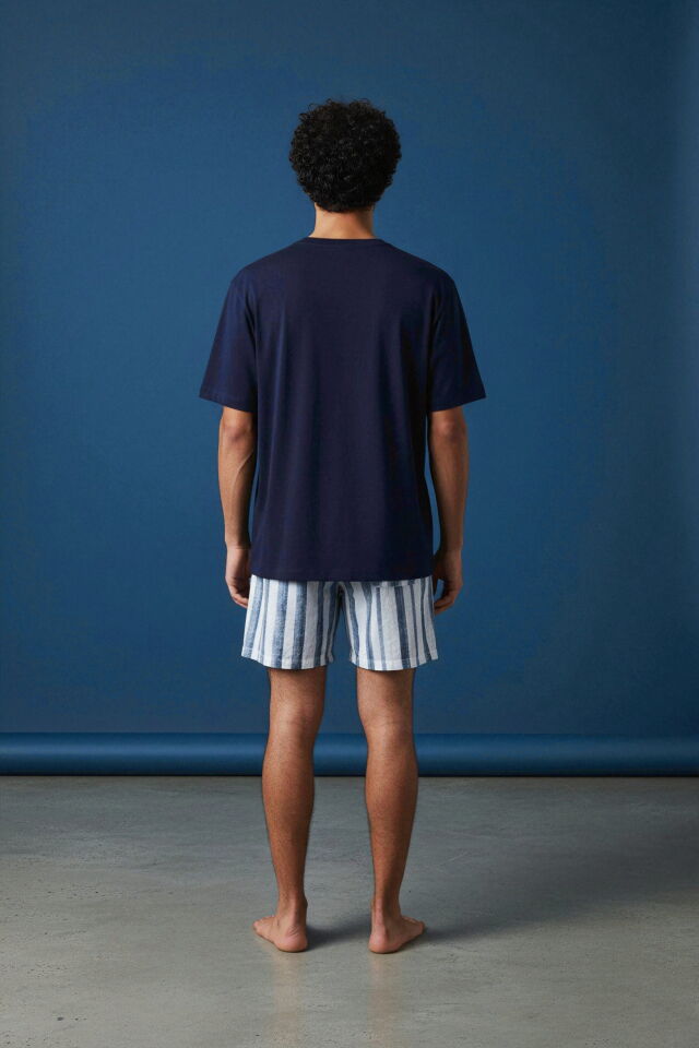 Erkek Pamuklu Kısa Kollu Çizgili Cepli Şortlu Pijama Takımı Lacivert - Ekru - M