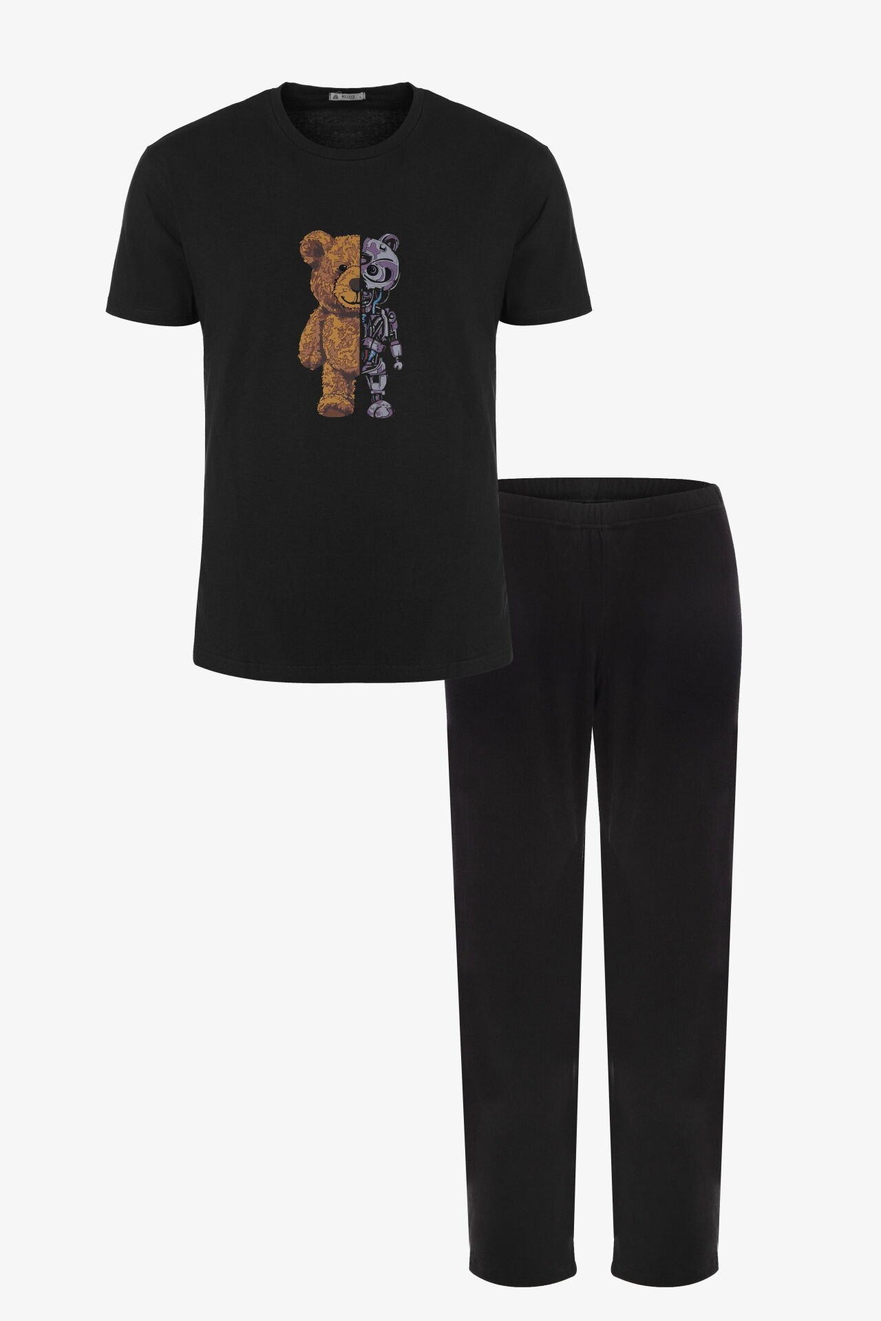 Erkek Pamuklu Kısa Kollu Üst Robot Baskılı Cep Detaylı Pijama Takımı