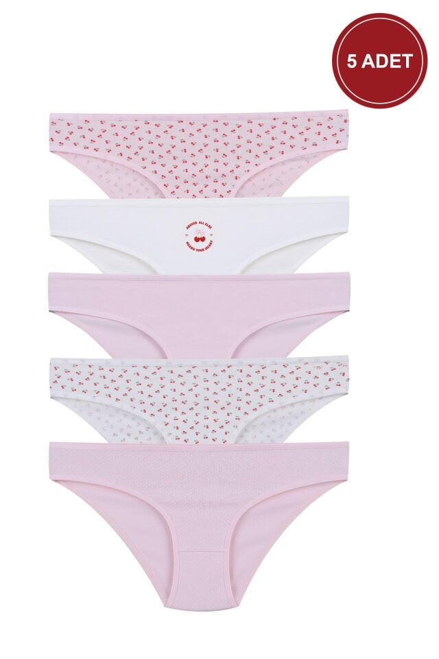 Kadın 5'li Desenli Pamuklu Likralı Külot Pembe - Ekru - L/XL