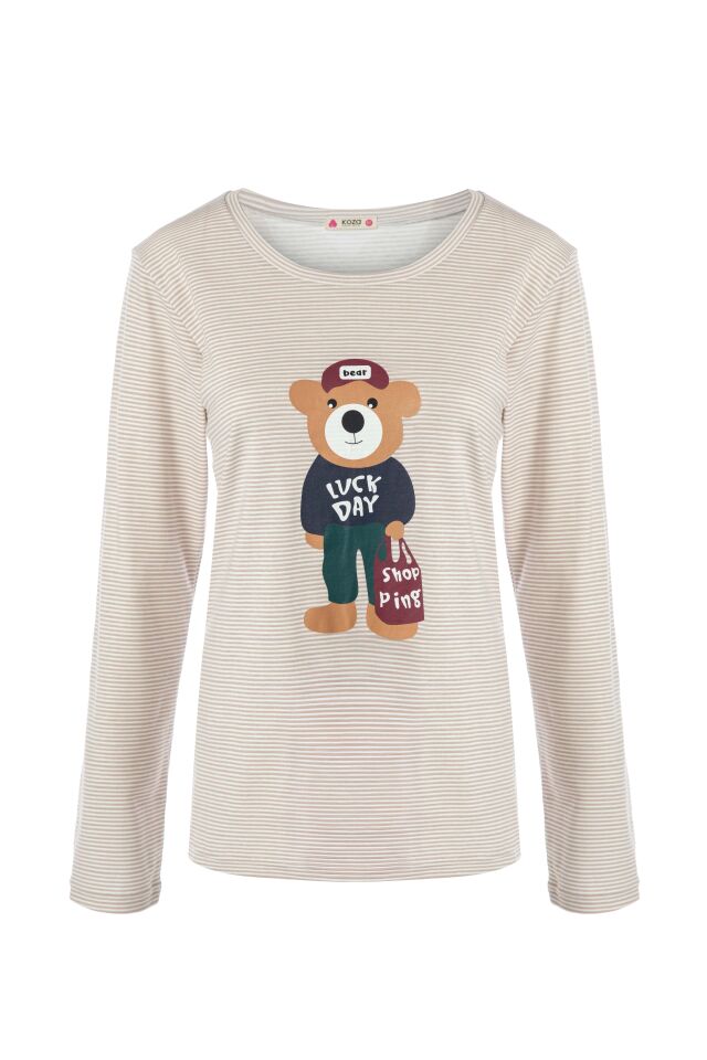 Kadın Uzun Kollu Baskı Detaylı Pijama Takımı Kahverengi - Siyah - M