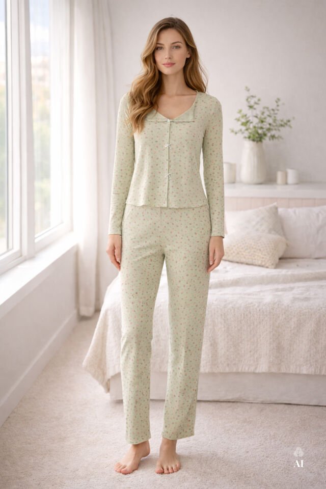 Sevgililer Günü Temalı Kadın Pamuklu Çıtır Çiçek Desenli Baby Overloklu Fiyonklu Uzun Kollu Pijama Takımı L