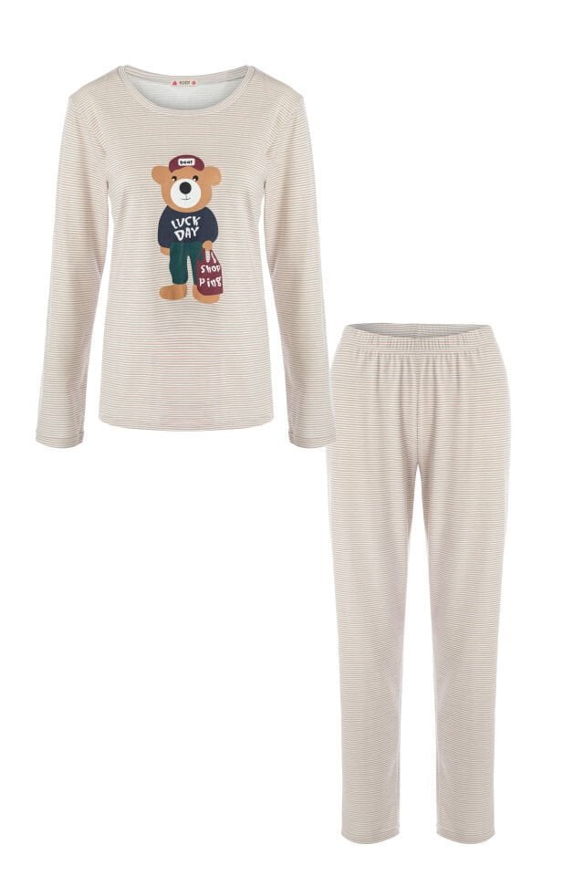 Kadın Uzun Kollu Baskı Detaylı Pijama Takımı Kahverengi - Siyah - L