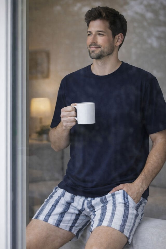 Erkek Pamuklu Kısa Kollu Çizgili Cepli Şortlu Pijama Takımı Lacivert - Ekru - 2XL