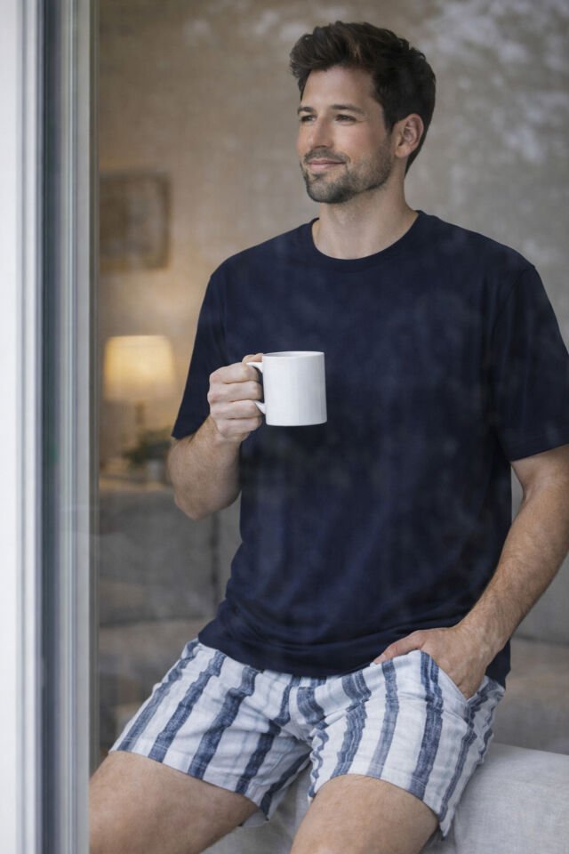 Erkek Pamuklu Kısa Kollu Çizgili Cepli Şortlu Pijama Takımı Lacivert - Ekru - 2XL